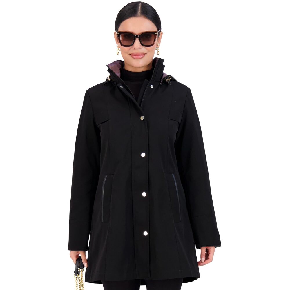 Jones New York Women's Rain Jacket, Plus Size Hooded, Black/Taupe, Size XXL